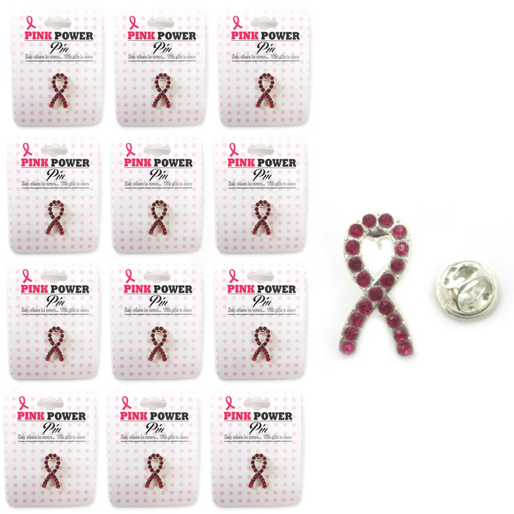 12 Pink Ribbon Lapel Pins Breast Cancer Awareness Pin Crystal Gem Stone Support