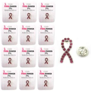 12 Pink Ribbon Lapel Pins Breast Cancer Awareness Pin Crystal Gem Stone Support