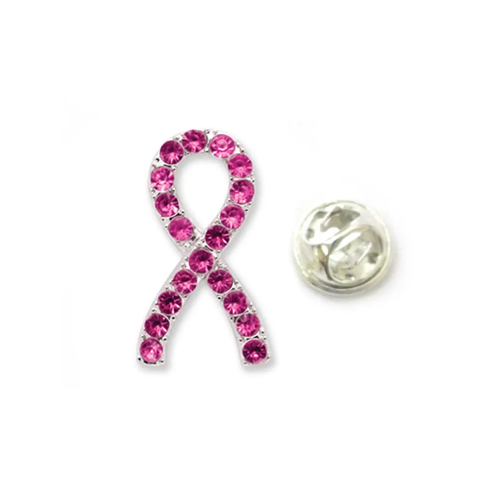 12 Pink Ribbon Lapel Pins Breast Cancer Awareness Pin Crystal Gem Stone Support