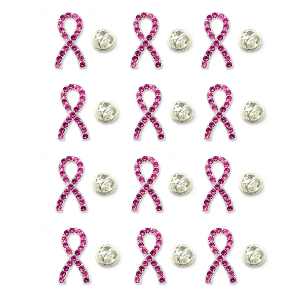 12 Pink Ribbon Lapel Pins Breast Cancer Awareness Pin Crystal Gem Stone Support