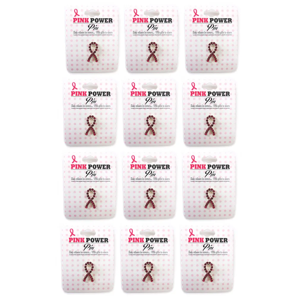 12 Pink Ribbon Lapel Pins Breast Cancer Awareness Pin Crystal Gem Stone Support