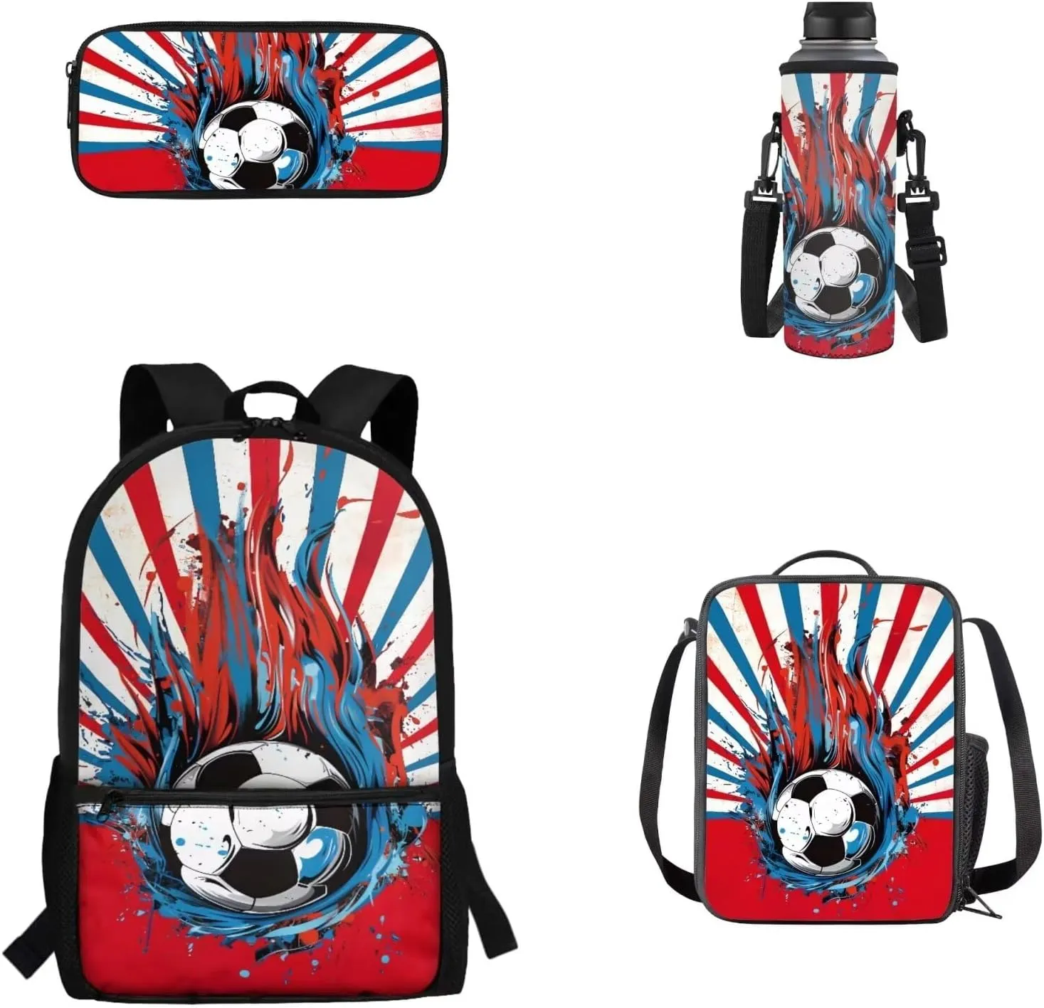 17 Inch 4 Pieces Backpack School Laptop Bag Bookbag for Women Teens Students Office Picnic Travel Comfortable Unfading Large Capacity Adjustable Cool Football