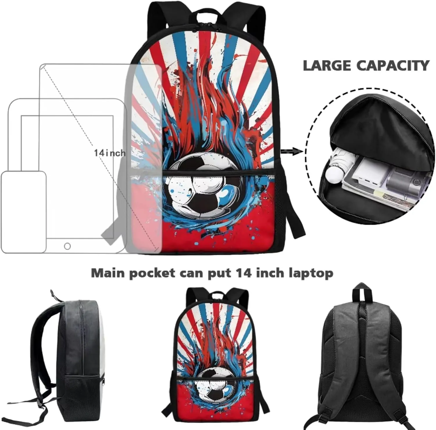 17 Inch 4 Pieces Backpack School Laptop Bag Bookbag for Women Teens Students Office Picnic Travel Comfortable Unfading Large Capacity Adjustable Cool Football