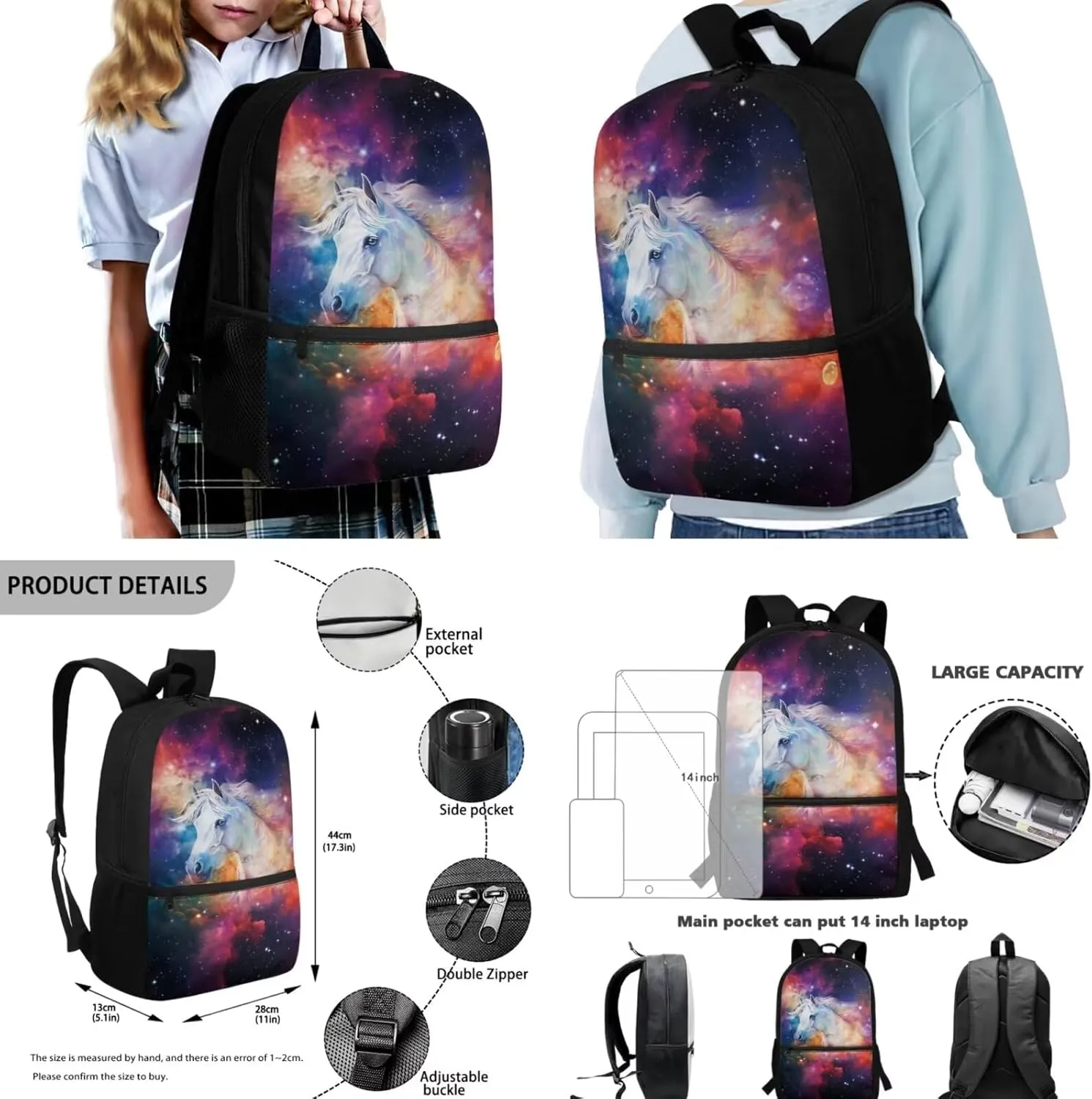 17 Inch Backpack School Laptop Bag Bookbag for Women Teens Students Office Picnic Travel Comfortable Unfading Large Capacity Adjustable Color Horse