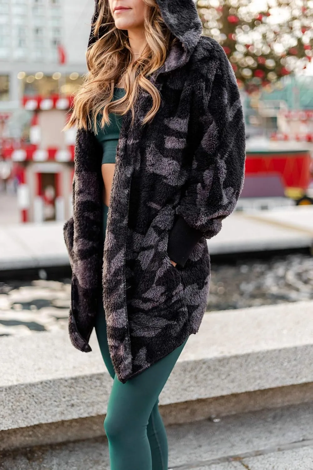90 Degree By Reflex Ultra Soft Fuzzy Sherpa Hooded Cardigan with Pockets