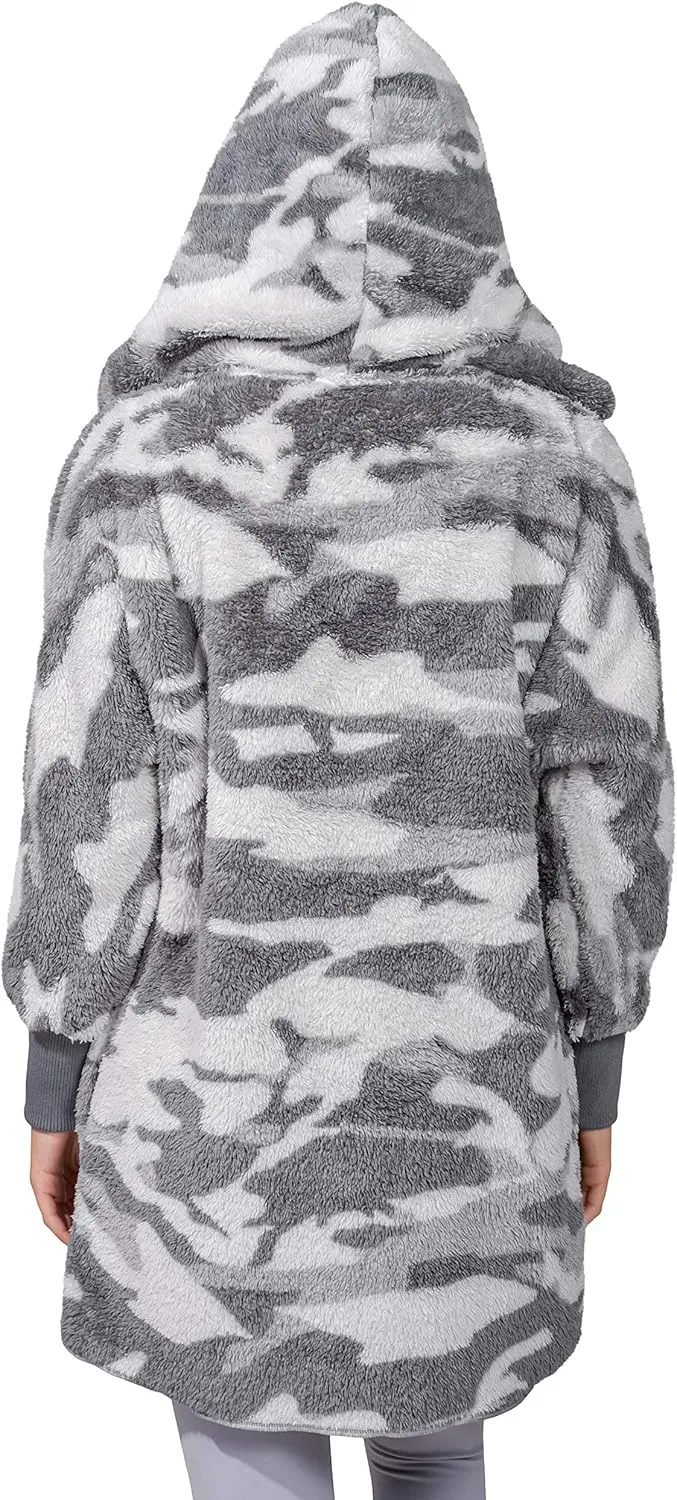 90 Degree By Reflex Ultra Soft Fuzzy Sherpa Hooded Cardigan with Pockets