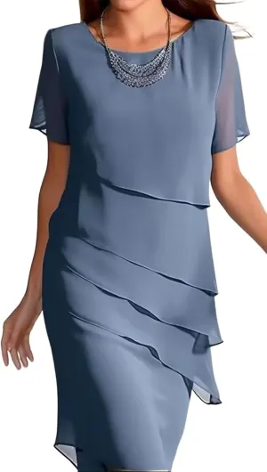 AIMITAG Tiered Chiffon Pleated A Line Flowy Mini Dress Women's Solid Color Long Dresses Cocktail Party Evening Dresses