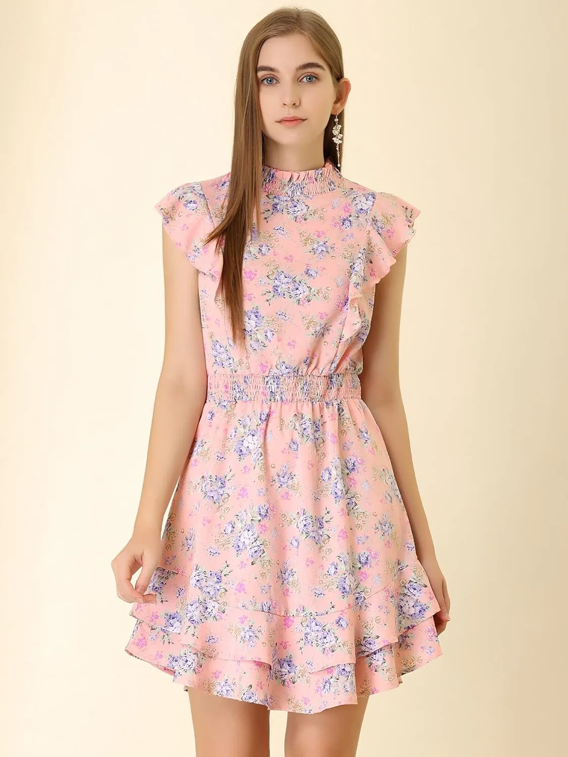 Allegra K Women's Floral Mock Neck Sleeveless Tiered Layered Flowy Smocked Waist Ruffle Mini Dress