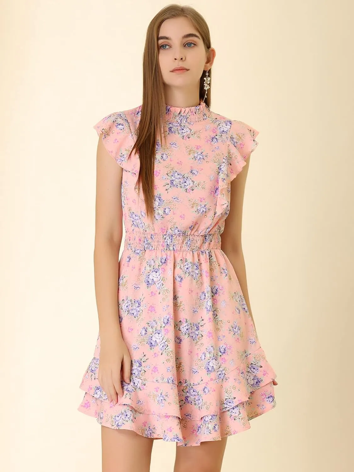 Allegra K Women's Floral Mock Neck Sleeveless Tiered Layered Flowy Smocked Waist Ruffle Mini Dress