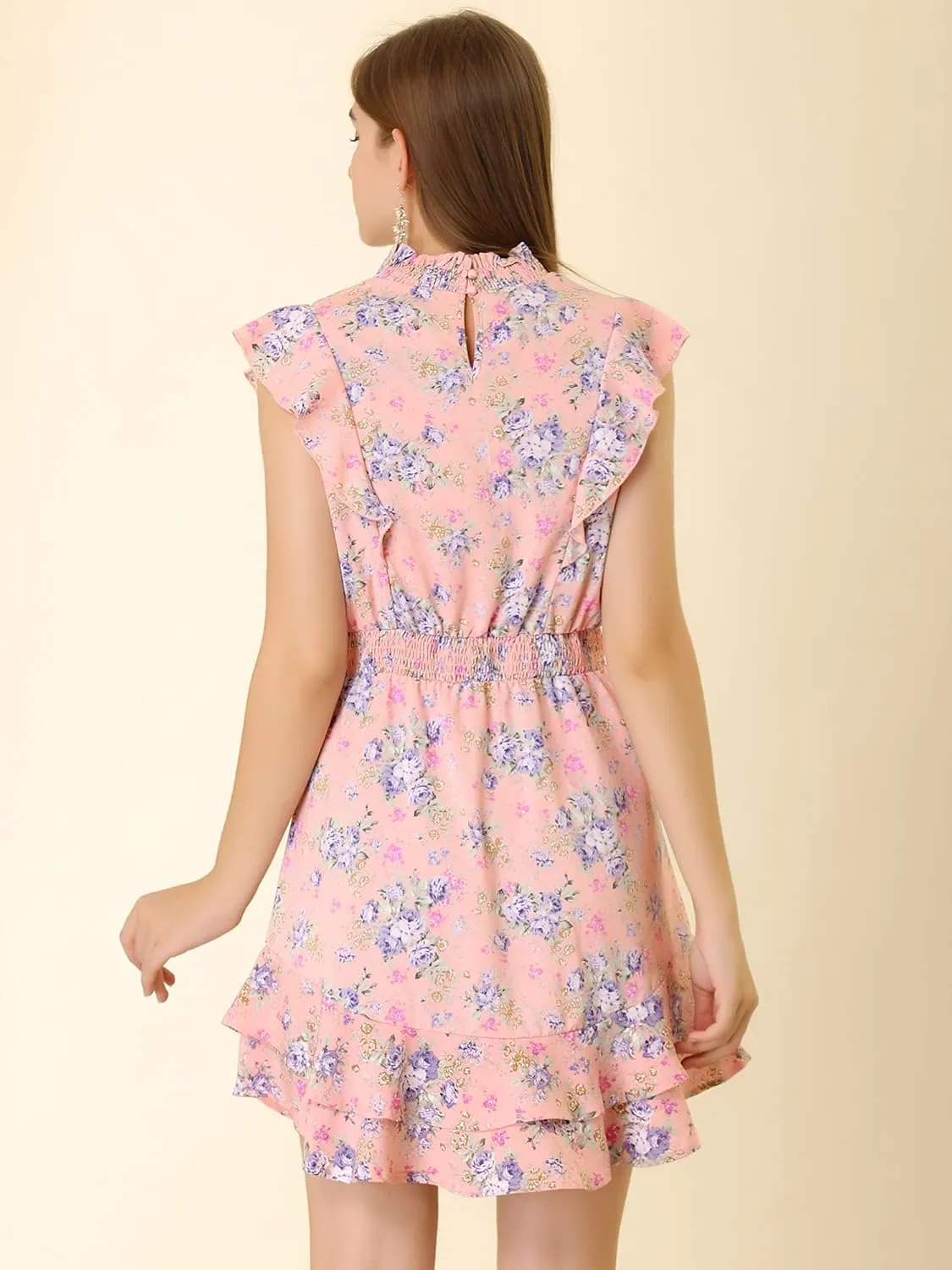 Allegra K Women's Floral Mock Neck Sleeveless Tiered Layered Flowy Smocked Waist Ruffle Mini Dress