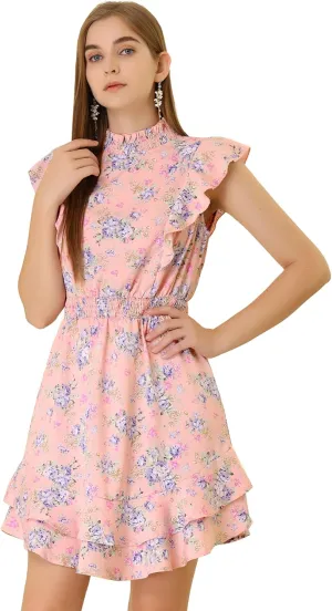 Allegra K Women's Floral Mock Neck Sleeveless Tiered Layered Flowy Smocked Waist Ruffle Mini Dress