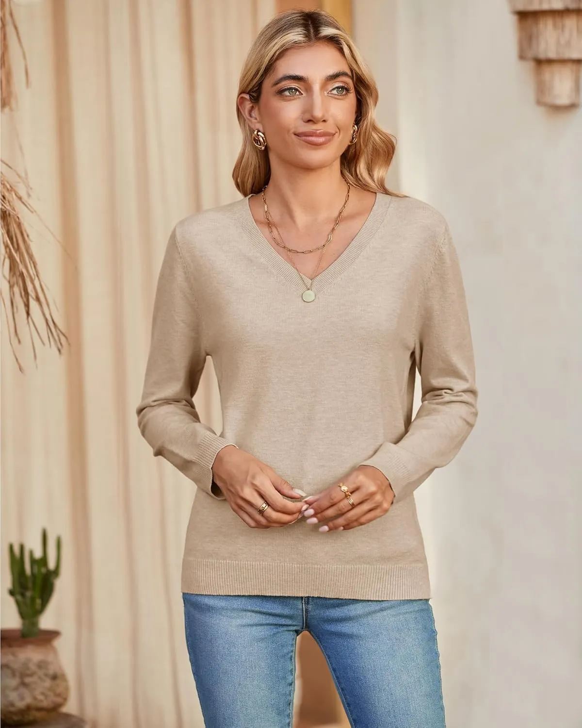 Arach&Cloz 2 Pack Womens Sweaters 2024 Lightweight Soft V Neck Long Sleeve Fall Tops Fashion Clothes Casual Shirts Pullover