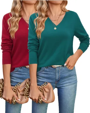 Arach&Cloz 2 Pack Womens Sweaters 2024 Lightweight Soft V Neck Long Sleeve Fall Tops Fashion Clothes Casual Shirts Pullover