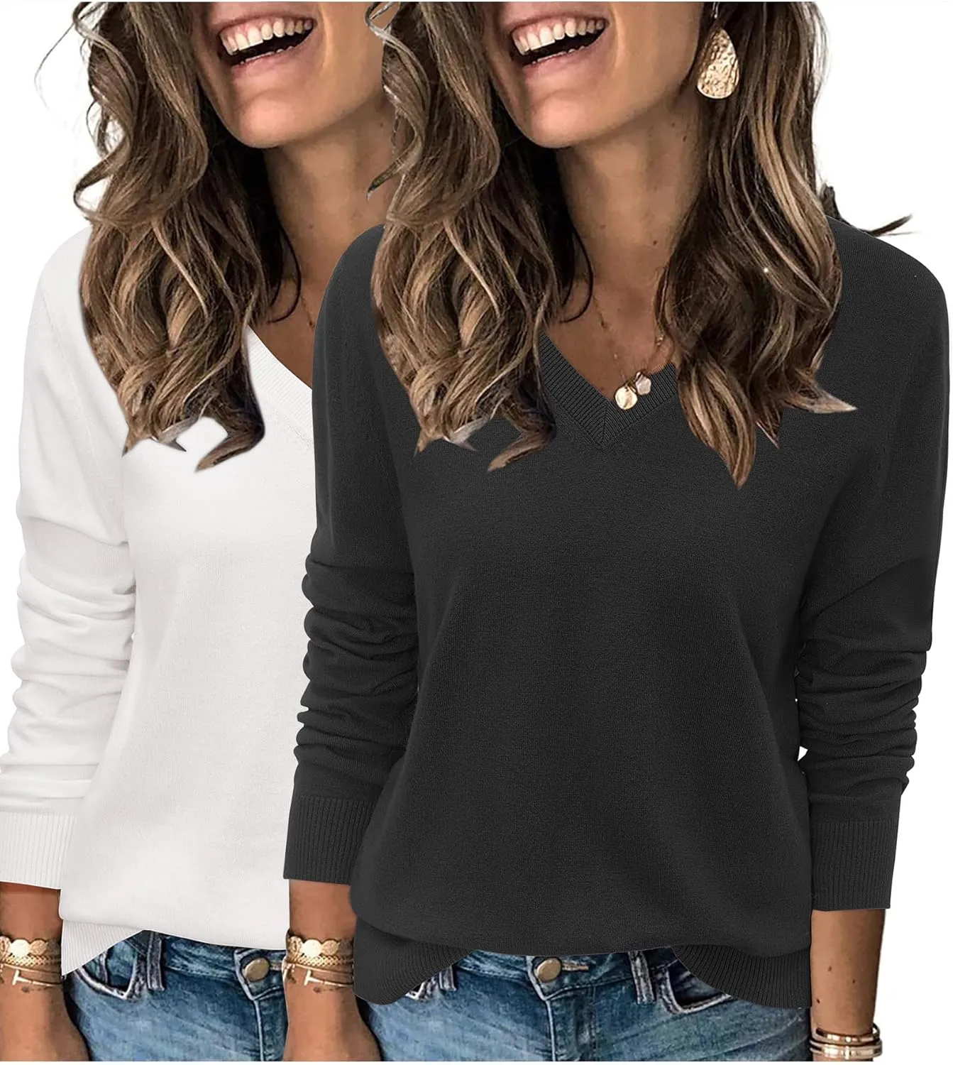Arach&Cloz 2 Pack Womens Sweaters 2024 Lightweight Soft V Neck Long Sleeve Fall Tops Fashion Clothes Casual Shirts Pullover