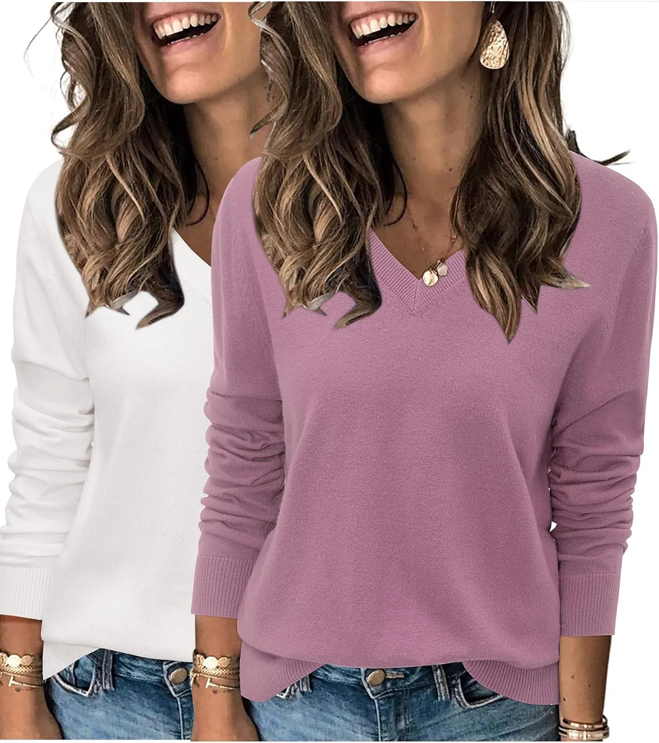 Arach&Cloz 2 Pack Womens Sweaters 2024 Lightweight Soft V Neck Long Sleeve Fall Tops Fashion Clothes Casual Shirts Pullover
