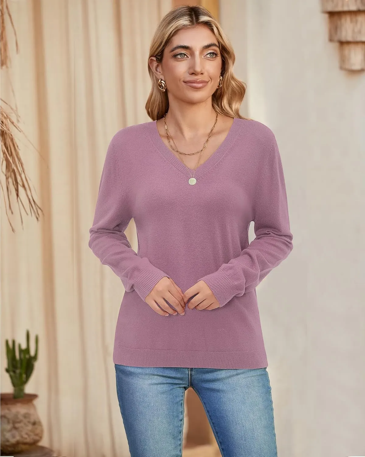 Arach&Cloz 2 Pack Womens Sweaters 2024 Lightweight Soft V Neck Long Sleeve Fall Tops Fashion Clothes Casual Shirts Pullover