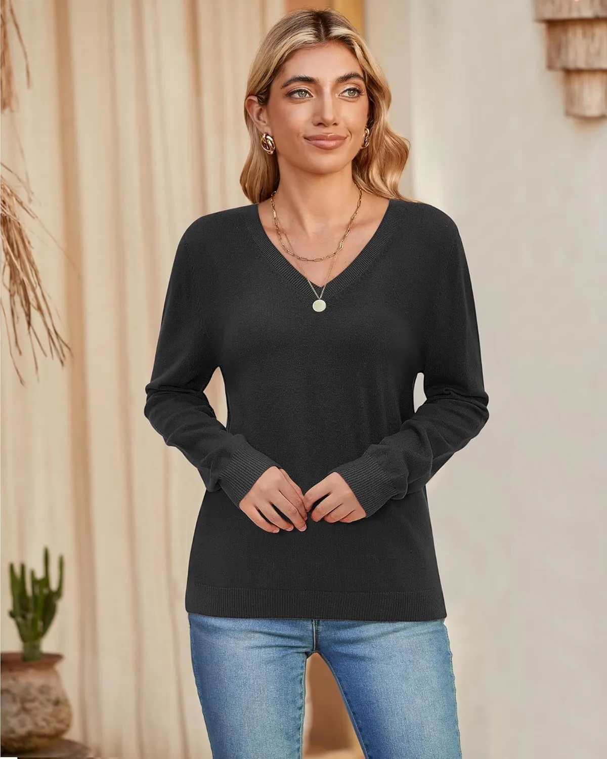 Arach&Cloz 2 Pack Womens Sweaters 2024 Lightweight Soft V Neck Long Sleeve Fall Tops Fashion Clothes Casual Shirts Pullover