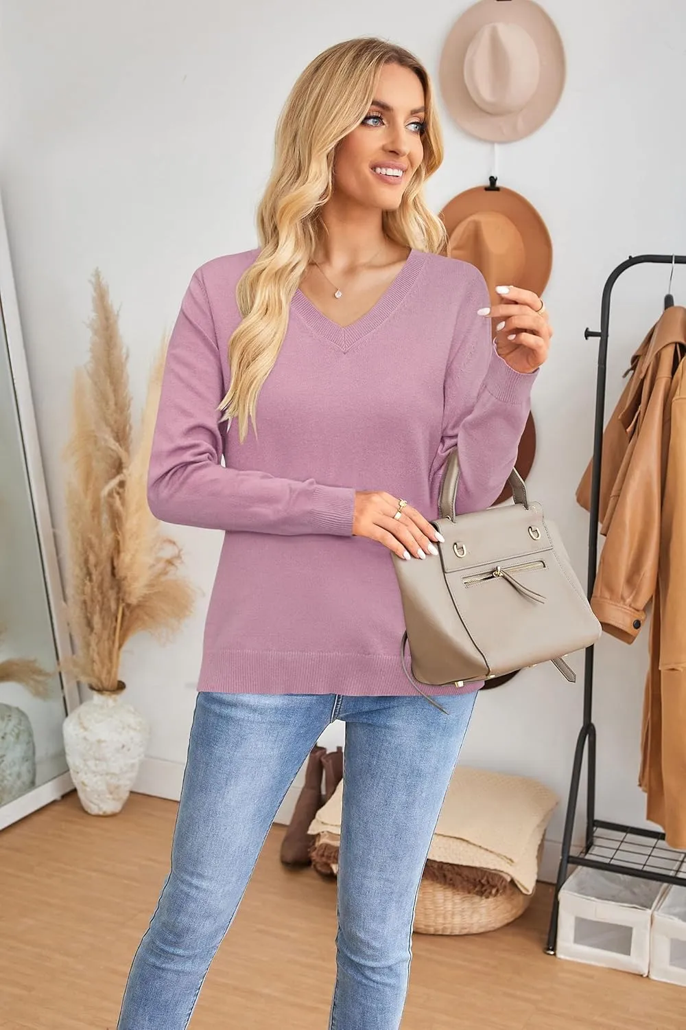Arach&Cloz 2 Pack Womens Sweaters 2024 Lightweight Soft V Neck Long Sleeve Fall Tops Fashion Clothes Casual Shirts Pullover