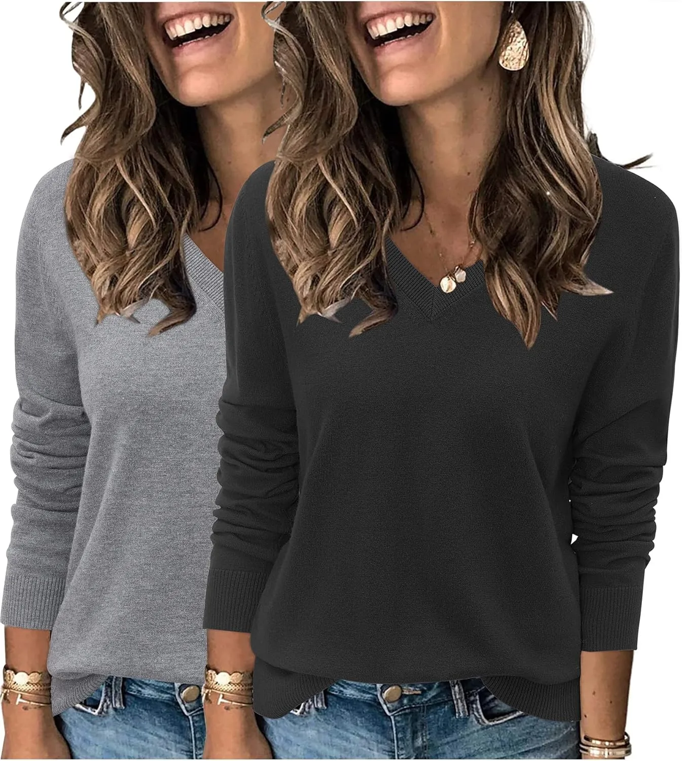 Arach&Cloz 2 Pack Womens Sweaters 2024 Lightweight Soft V Neck Long Sleeve Fall Tops Fashion Clothes Casual Shirts Pullover
