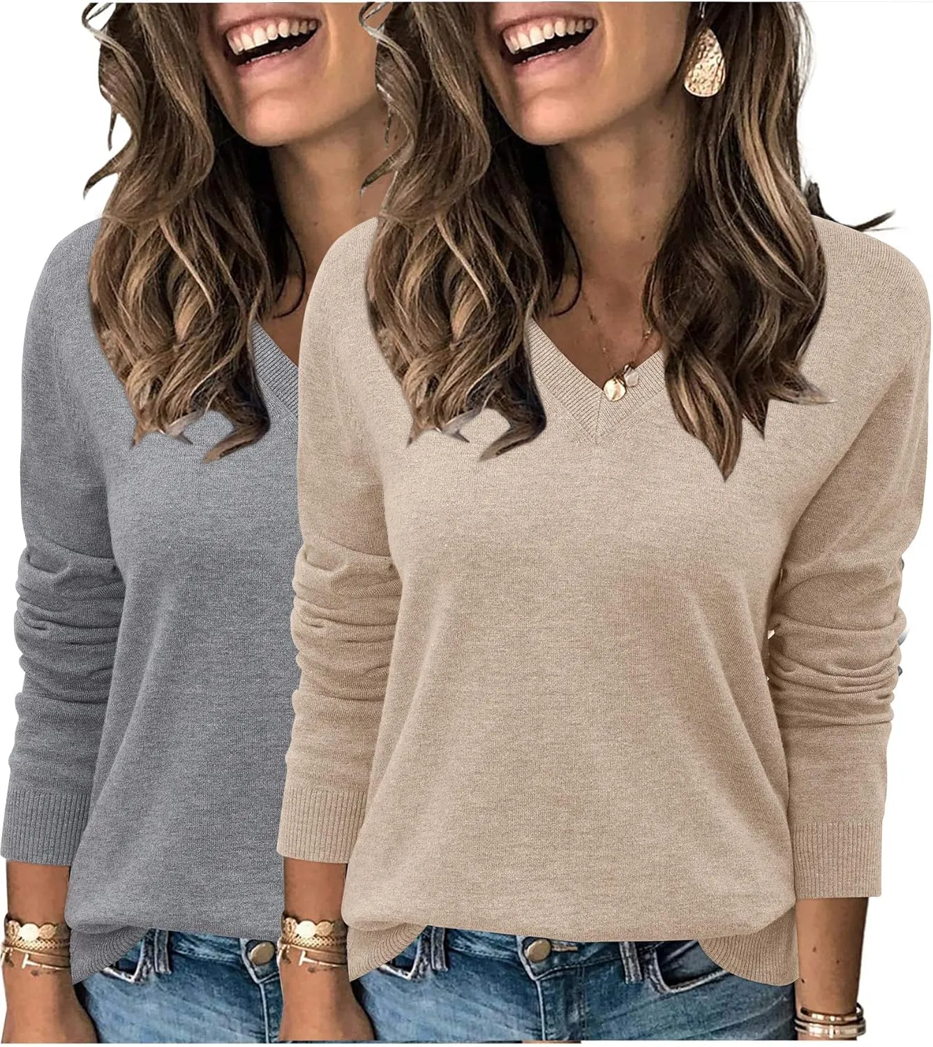 Arach&Cloz 2 Pack Womens Sweaters 2024 Lightweight Soft V Neck Long Sleeve Fall Tops Fashion Clothes Casual Shirts Pullover