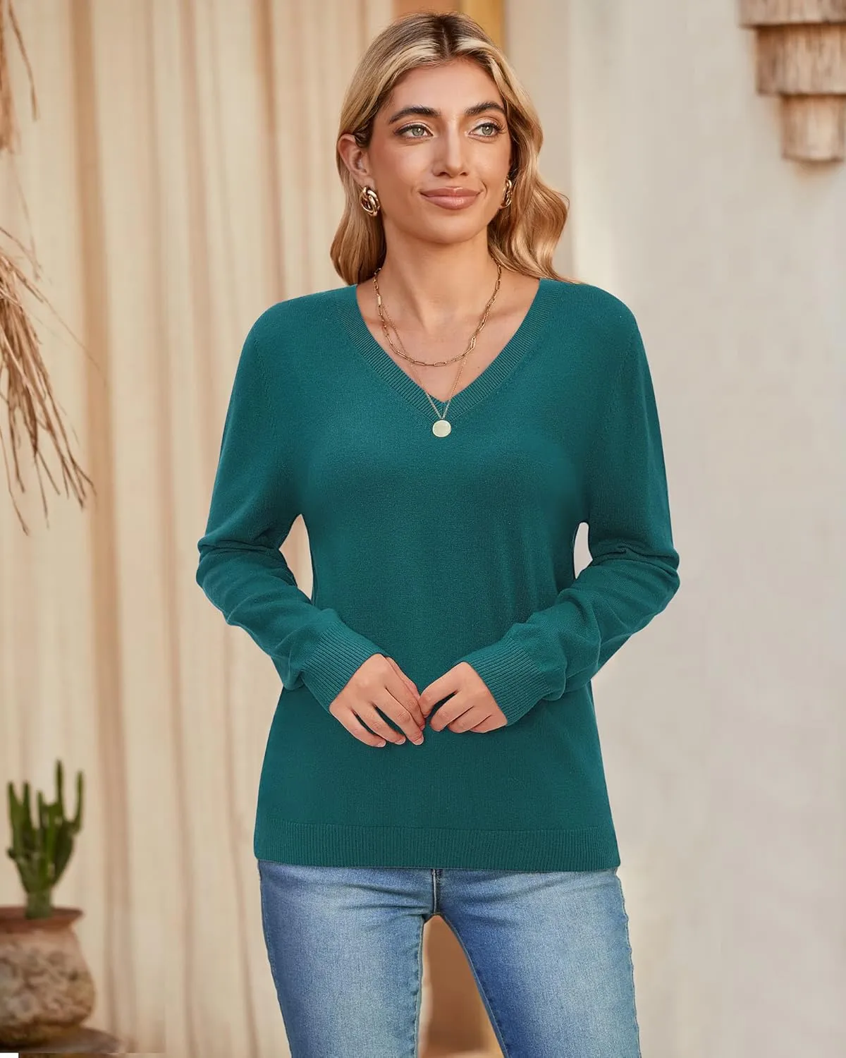 Arach&Cloz 2 Pack Womens Sweaters 2024 Lightweight Soft V Neck Long Sleeve Fall Tops Fashion Clothes Casual Shirts Pullover