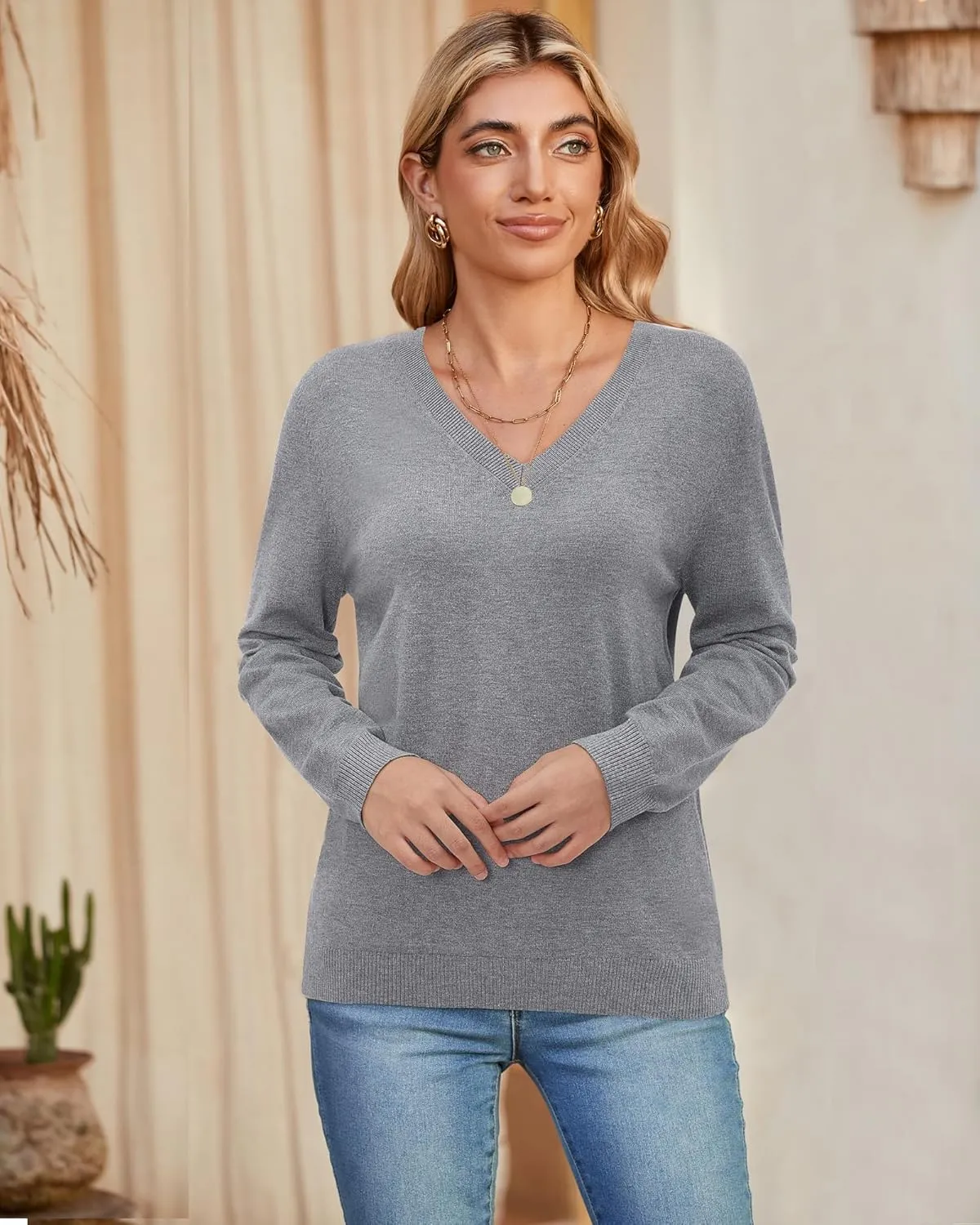 Arach&Cloz 2 Pack Womens Sweaters 2024 Lightweight Soft V Neck Long Sleeve Fall Tops Fashion Clothes Casual Shirts Pullover