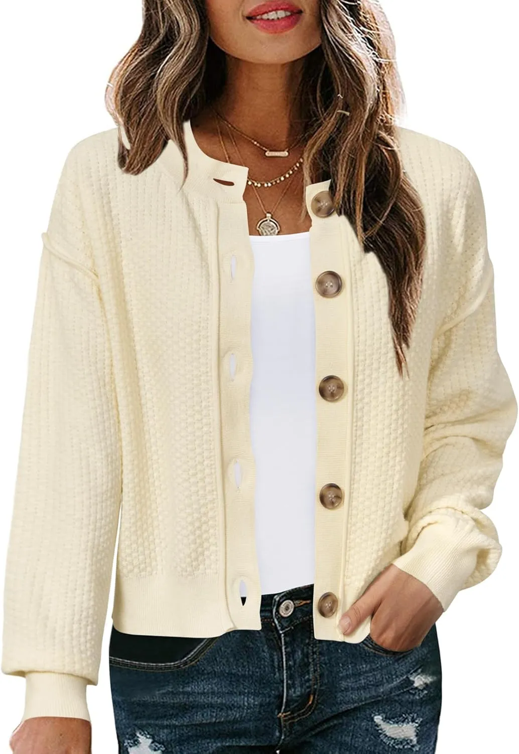 Arach&Cloz Womens Waffle Cropped Cardigan Ultra Stretchy 2025 Spring Soft Chunky Button Business Casual Sweaters