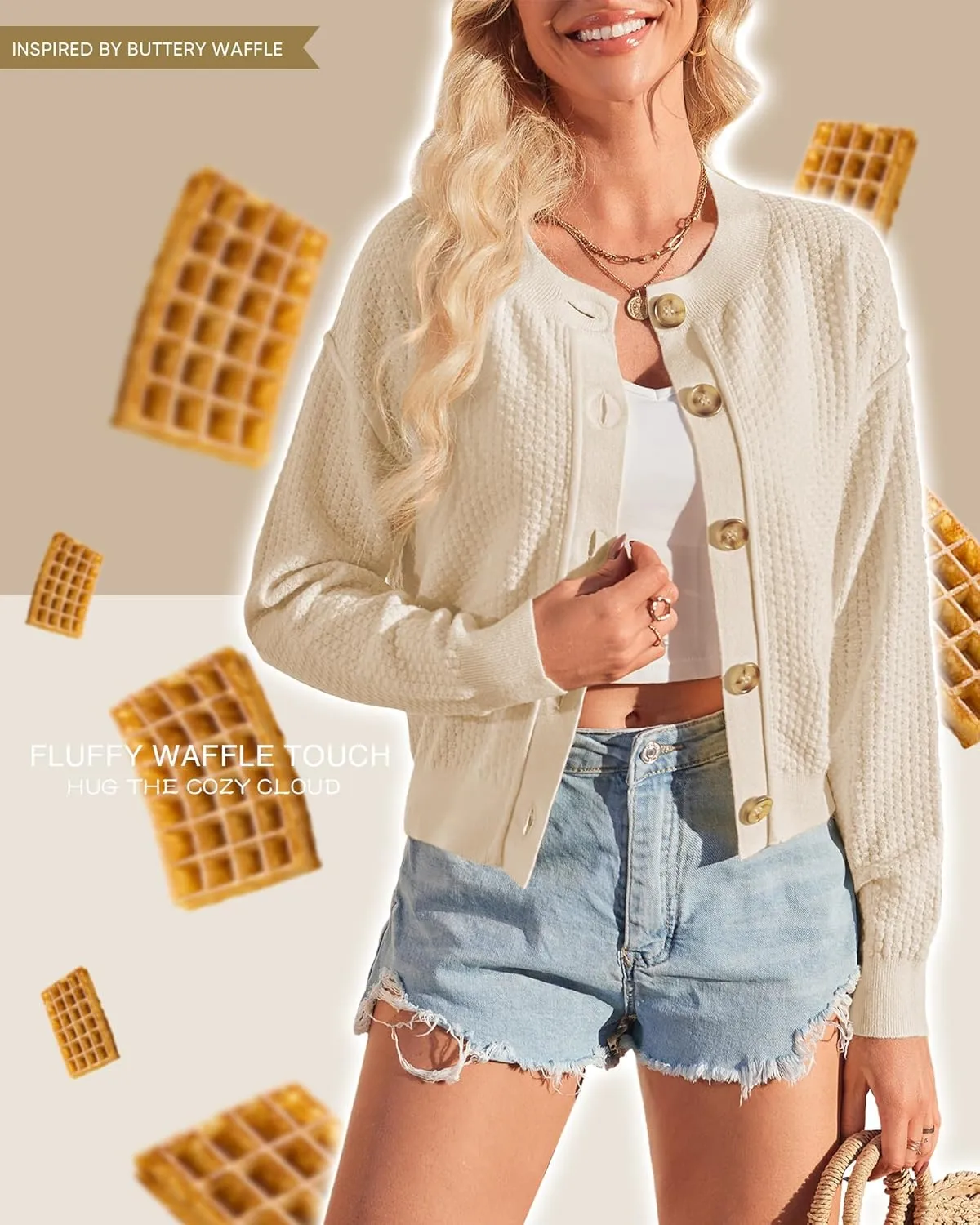 Arach&Cloz Womens Waffle Cropped Cardigan Ultra Stretchy 2025 Spring Soft Chunky Button Business Casual Sweaters
