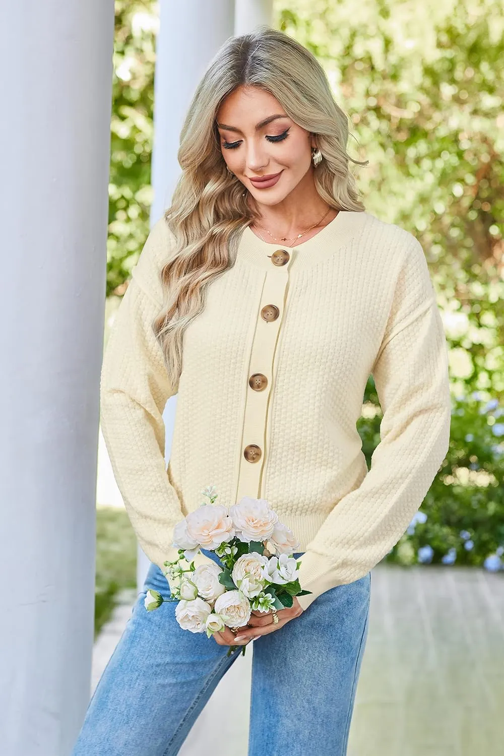 Arach&Cloz Womens Waffle Cropped Cardigan Ultra Stretchy 2025 Spring Soft Chunky Button Business Casual Sweaters