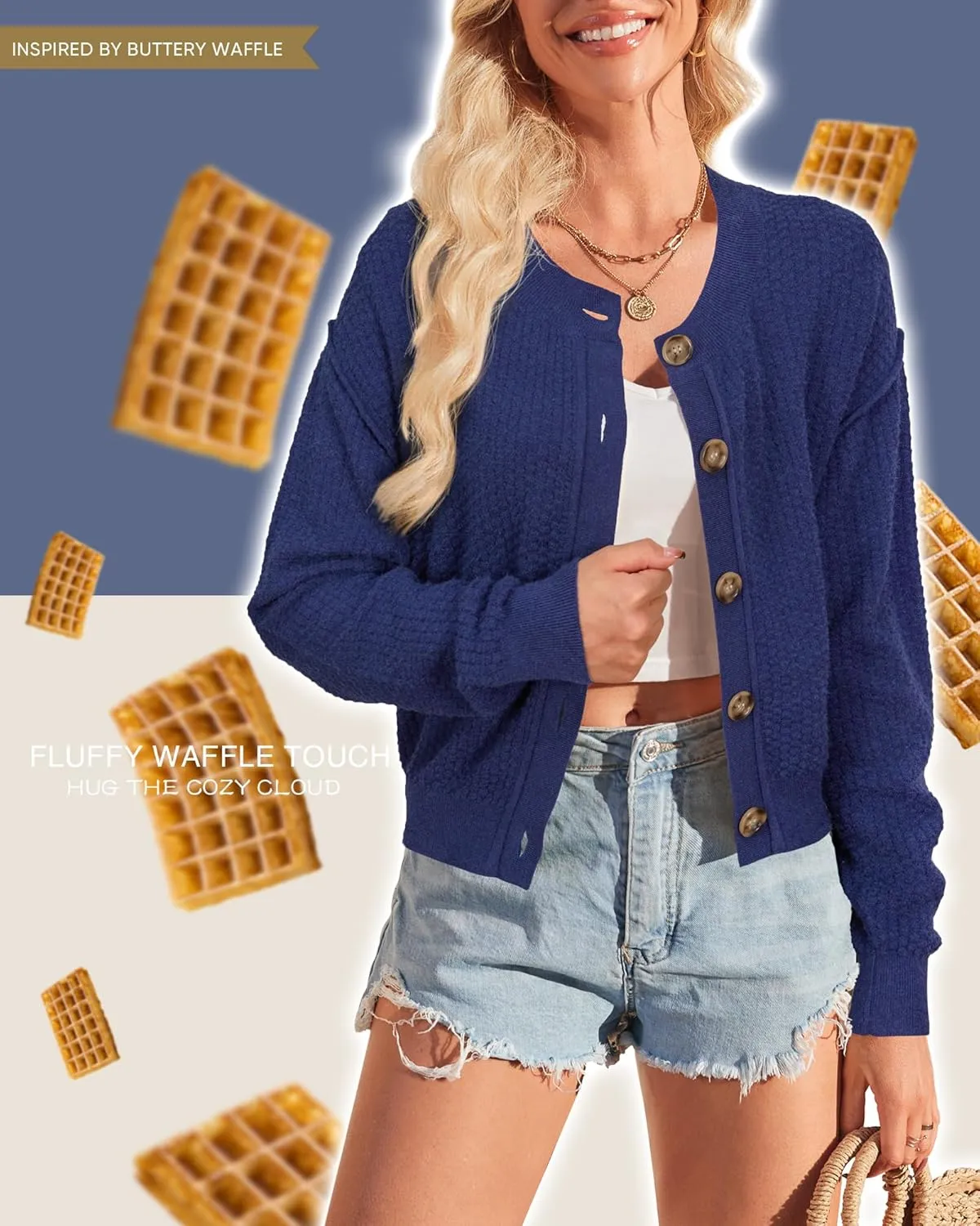 Arach&Cloz Womens Waffle Cropped Cardigan Ultra Stretchy 2025 Spring Soft Chunky Button Business Casual Sweaters