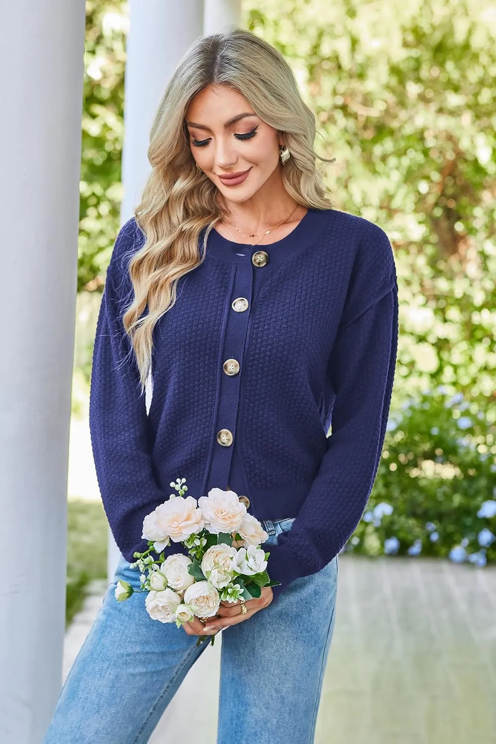 Arach&Cloz Womens Waffle Cropped Cardigan Ultra Stretchy 2025 Spring Soft Chunky Button Business Casual Sweaters