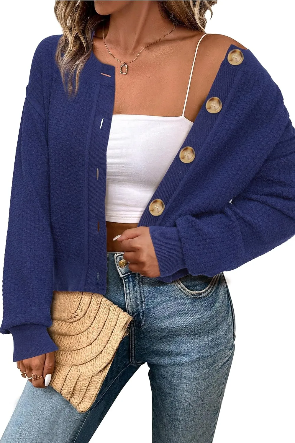 Arach&Cloz Womens Waffle Cropped Cardigan Ultra Stretchy 2025 Spring Soft Chunky Button Business Casual Sweaters