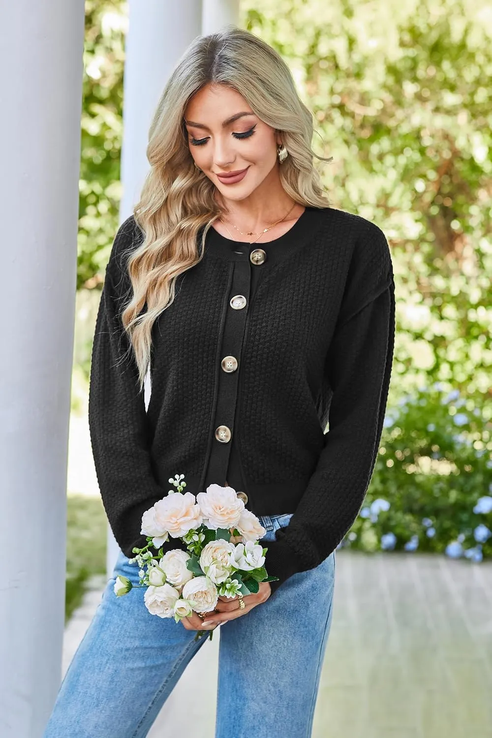 Arach&Cloz Womens Waffle Cropped Cardigan Ultra Stretchy 2025 Spring Soft Chunky Button Business Casual Sweaters