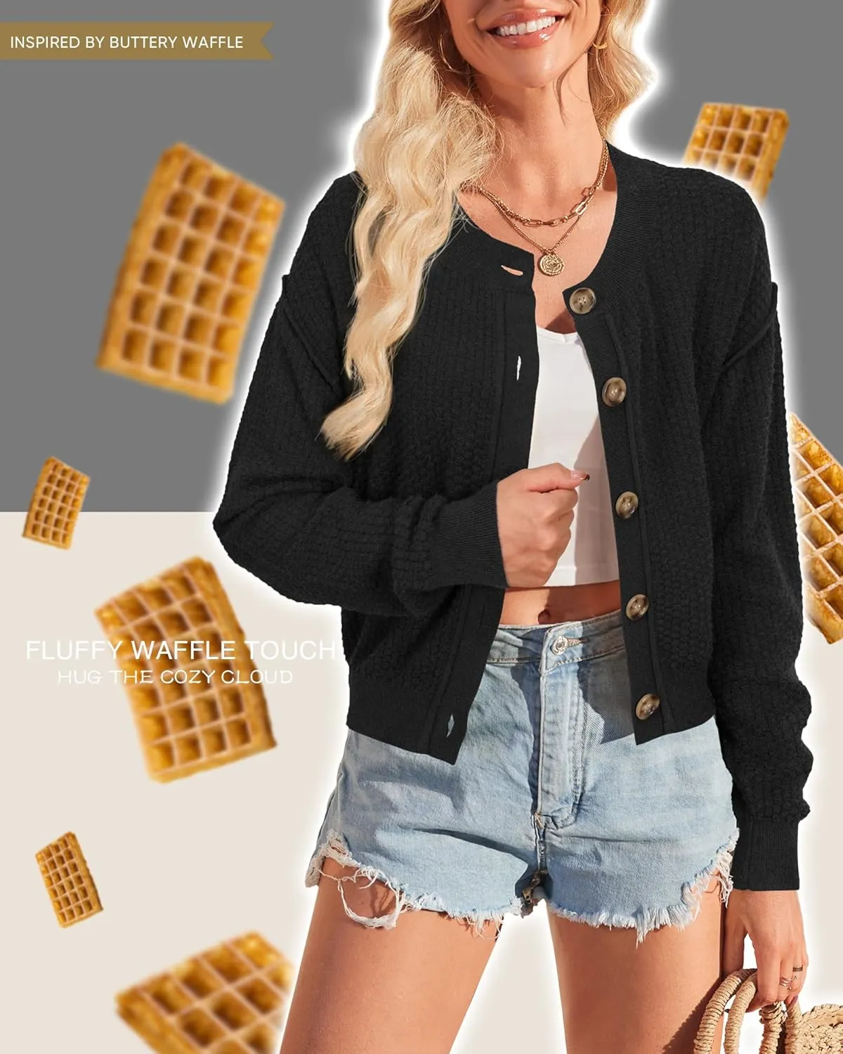 Arach&Cloz Womens Waffle Cropped Cardigan Ultra Stretchy 2025 Spring Soft Chunky Button Business Casual Sweaters