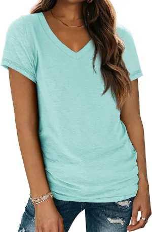 ATHMILE Womens Tops Shirts for Women Short Sleeve V Neck Tee Summer Fashion Trendy Soft Casual Spring Clothes Outfits Beach