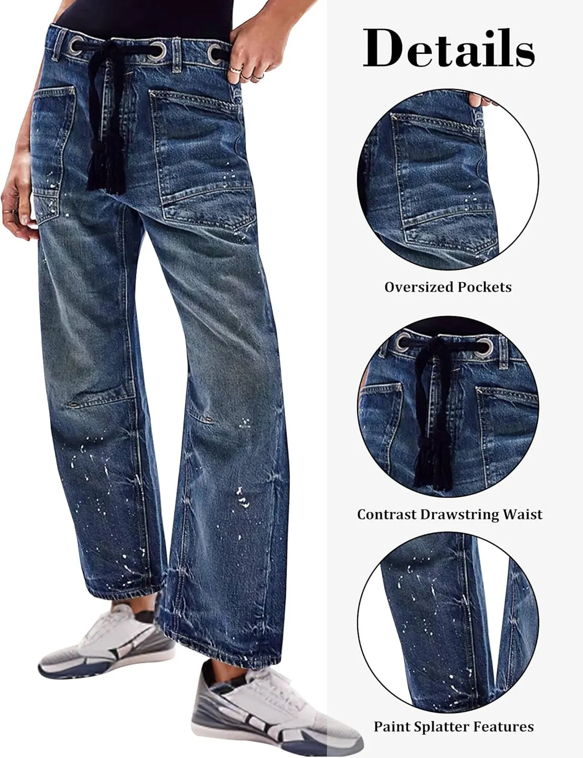 Barrel Jeans Women Trendy Low Rise Drawstring Baggy Jeans Vintage Pant Casual Wide Leg Horseshoe Demin with Pockets