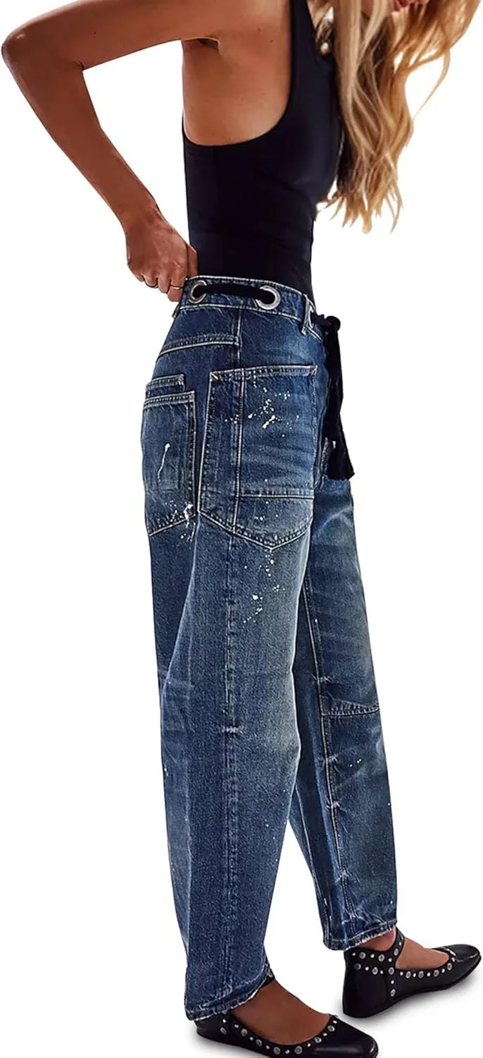 Barrel Jeans Women Trendy Low Rise Drawstring Baggy Jeans Vintage Pant Casual Wide Leg Horseshoe Demin with Pockets