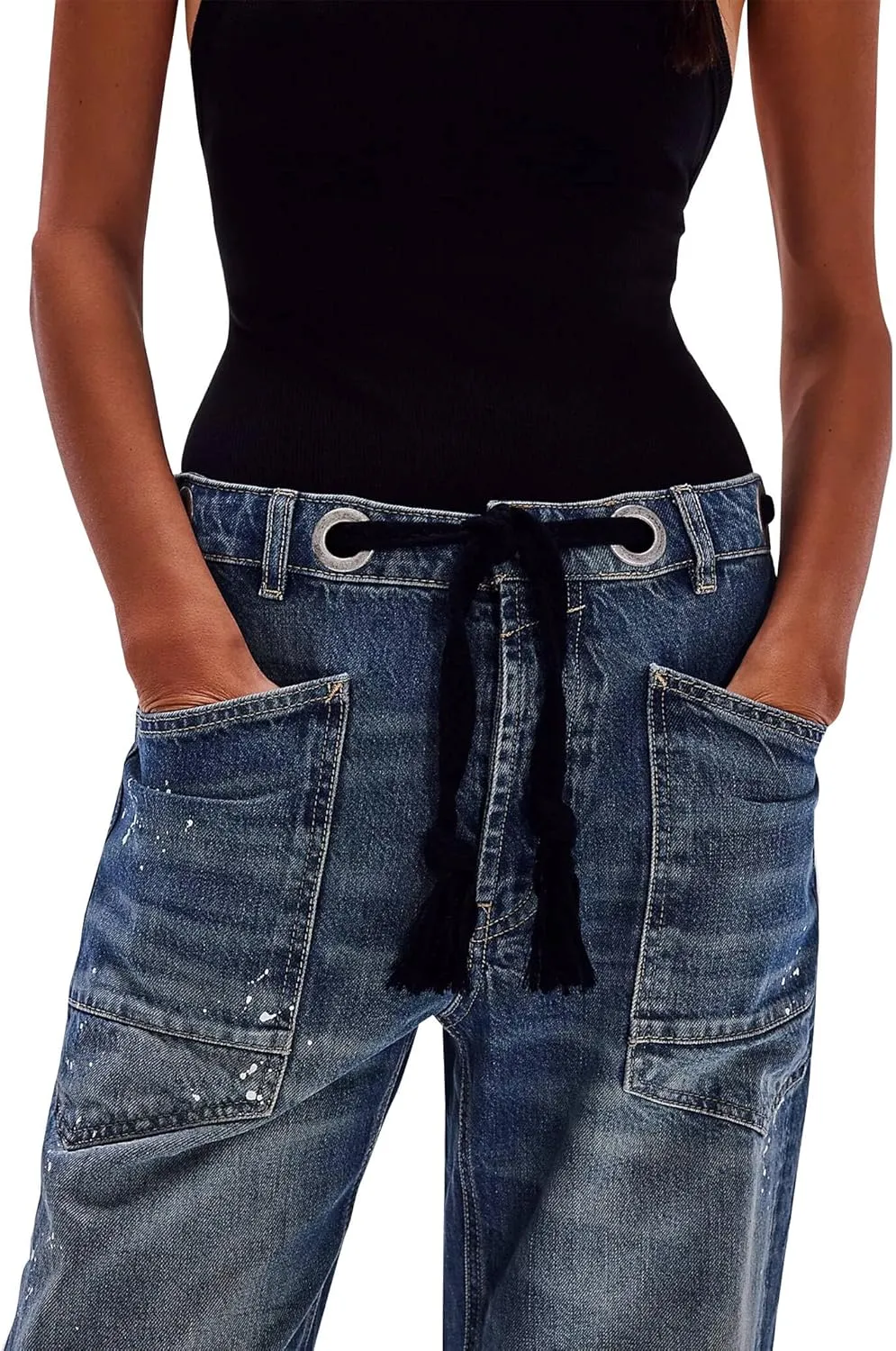 Barrel Jeans Women Trendy Low Rise Drawstring Baggy Jeans Vintage Pant Casual Wide Leg Horseshoe Demin with Pockets