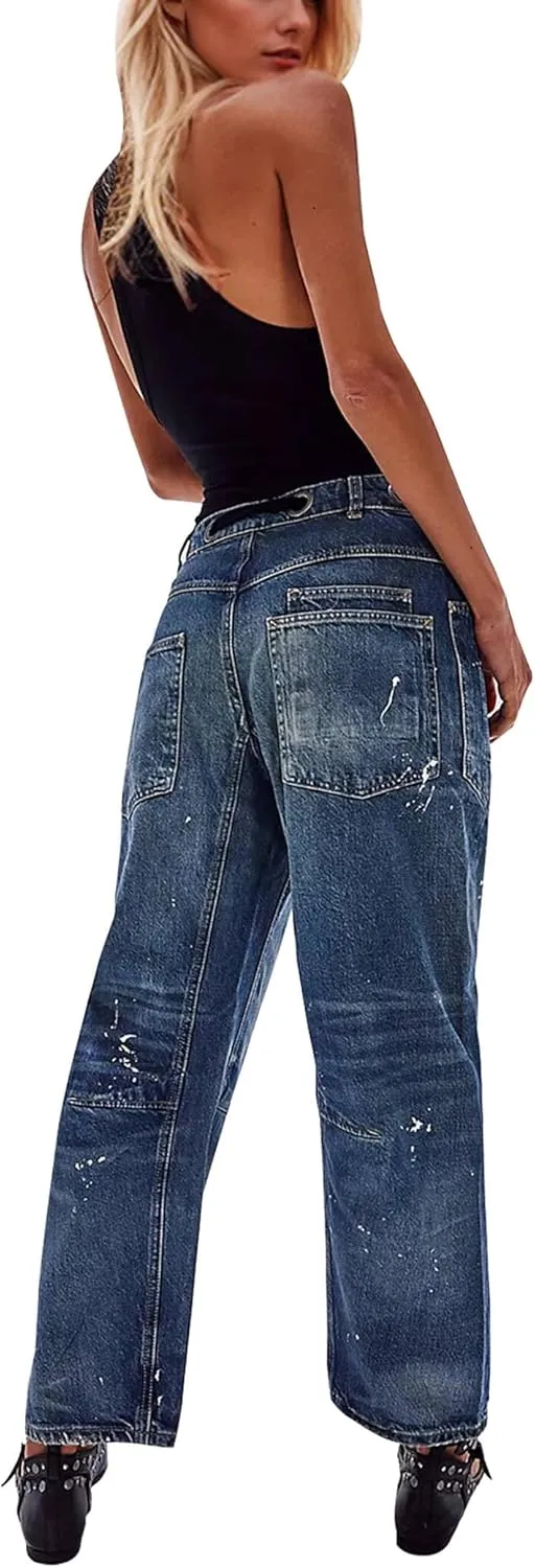 Barrel Jeans Women Trendy Low Rise Drawstring Baggy Jeans Vintage Pant Casual Wide Leg Horseshoe Demin with Pockets