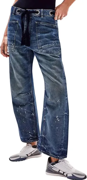 Barrel Jeans Women Trendy Low Rise Drawstring Baggy Jeans Vintage Pant Casual Wide Leg Horseshoe Demin with Pockets