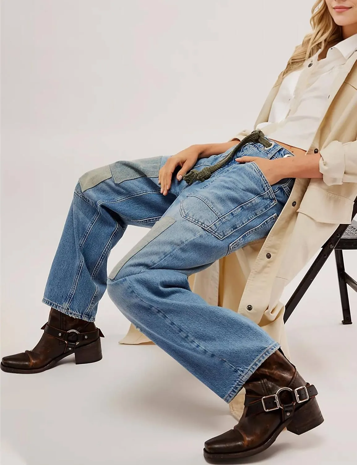 Barrel Jeans Women Trendy Low Rise Drawstring Baggy Jeans Vintage Pant Casual Wide Leg Horseshoe Demin with Pockets