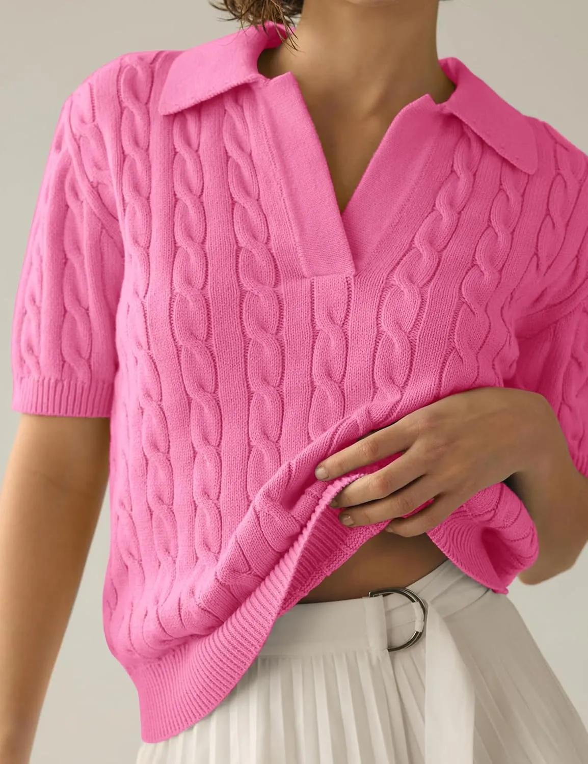 BeautyNee Women's Short Sleeve Sweaters Tops Solid Lapel V Neck Cable Knit Polo Sweater Casual Soft Collared Pullover