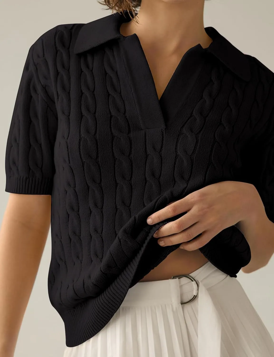 BeautyNee Women's Short Sleeve Sweaters Tops Solid Lapel V Neck Cable Knit Polo Sweater Casual Soft Collared Pullover