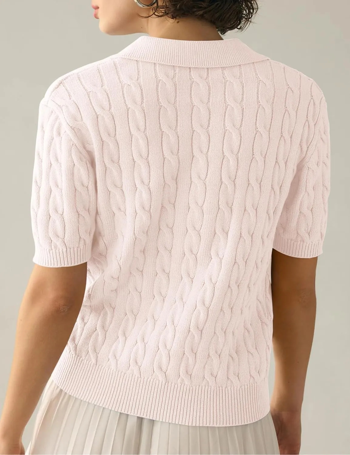 BeautyNee Women's Short Sleeve Sweaters Tops Solid Lapel V Neck Cable Knit Polo Sweater Casual Soft Collared Pullover