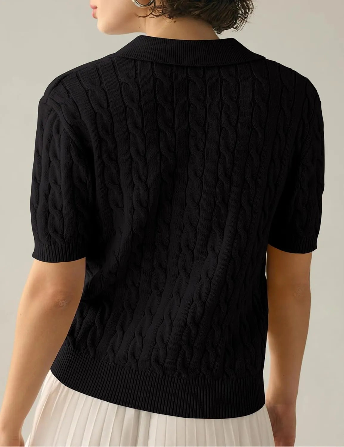 BeautyNee Women's Short Sleeve Sweaters Tops Solid Lapel V Neck Cable Knit Polo Sweater Casual Soft Collared Pullover
