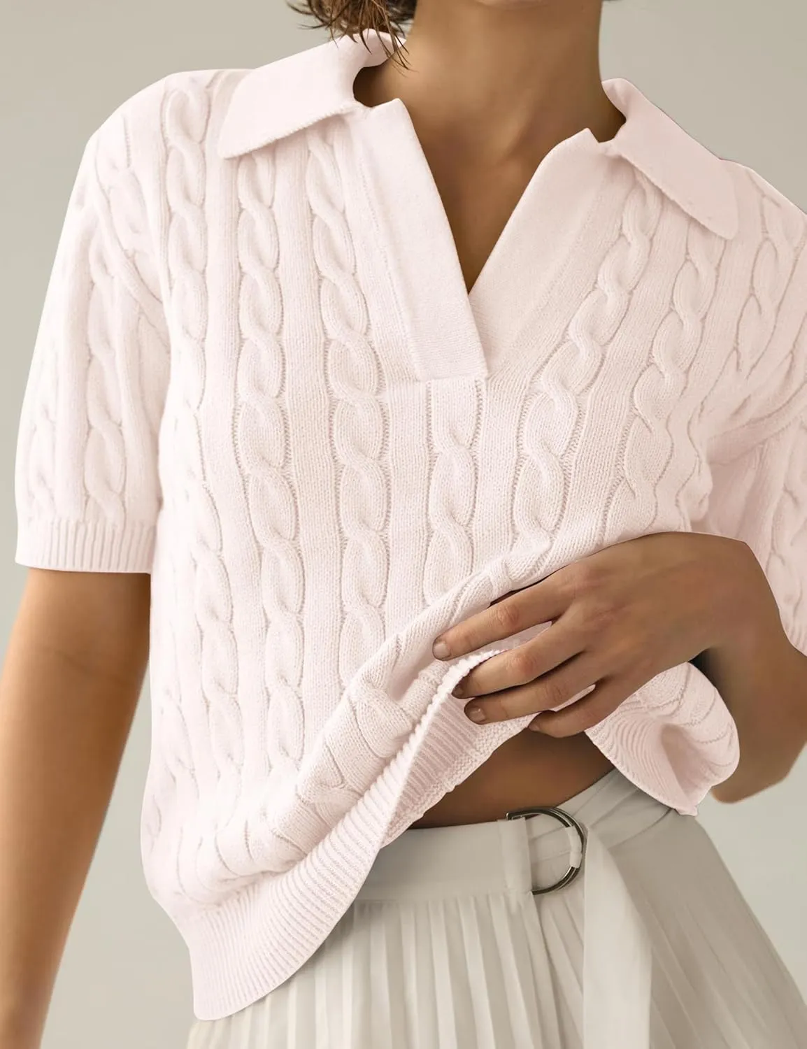 BeautyNee Women's Short Sleeve Sweaters Tops Solid Lapel V Neck Cable Knit Polo Sweater Casual Soft Collared Pullover