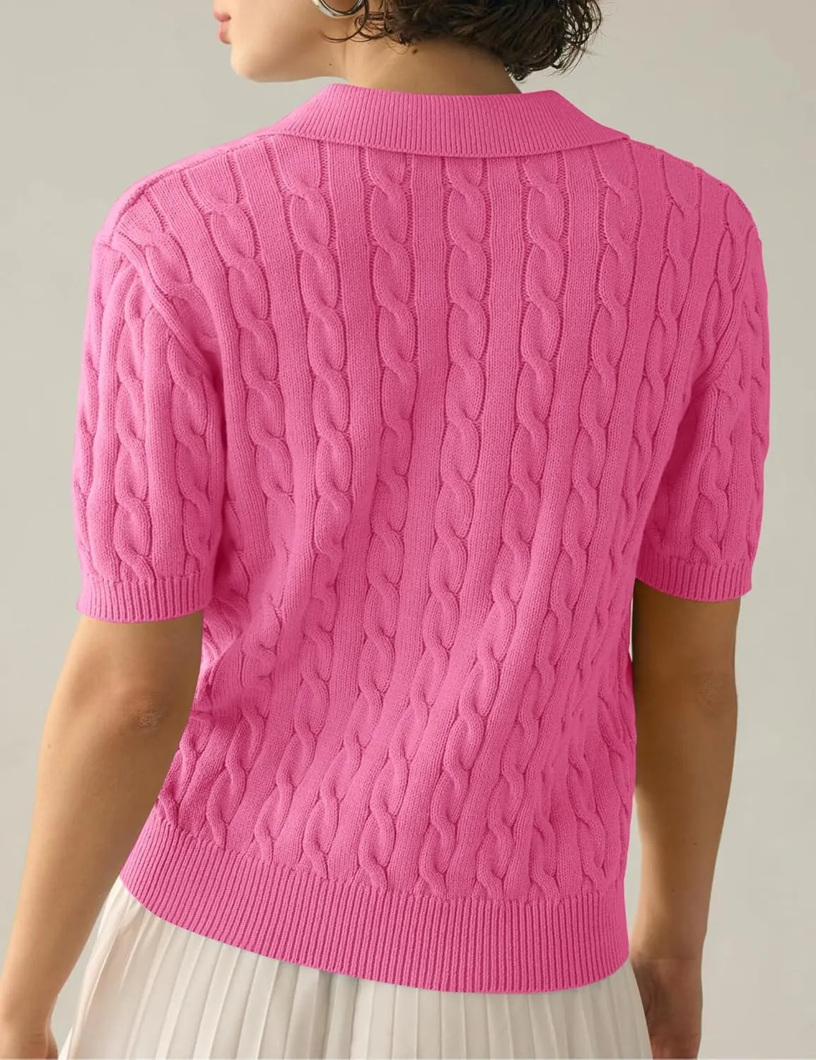 BeautyNee Women's Short Sleeve Sweaters Tops Solid Lapel V Neck Cable Knit Polo Sweater Casual Soft Collared Pullover