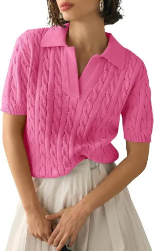 BeautyNee Women's Short Sleeve Sweaters Tops Solid Lapel V Neck Cable Knit Polo Sweater Casual Soft Collared Pullover