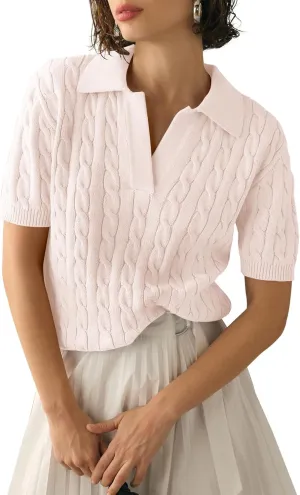 BeautyNee Women's Short Sleeve Sweaters Tops Solid Lapel V Neck Cable Knit Polo Sweater Casual Soft Collared Pullover