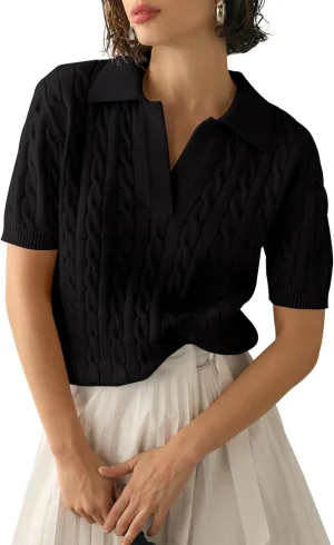 BeautyNee Women's Short Sleeve Sweaters Tops Solid Lapel V Neck Cable Knit Polo Sweater Casual Soft Collared Pullover